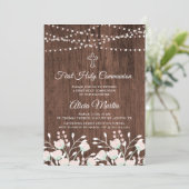 Rustieke houten bloemen eerste communie uitnodigin kaart (Staand voorkant)