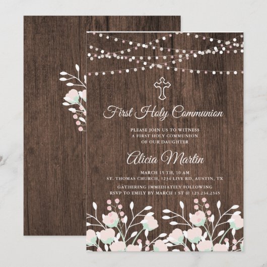 Rustieke houten bloemen eerste communie uitnodigin kaart (Voorkant / Achterkant)