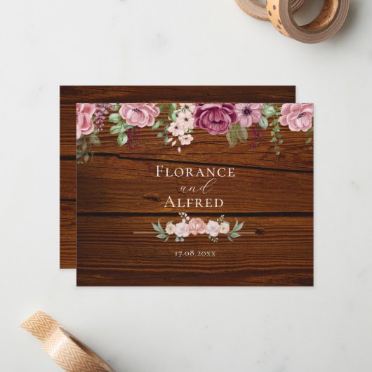 Rustieke houten bloemen elegante witte kastanjebru notitiekaartje (Voorkant / Achterkant in situ)