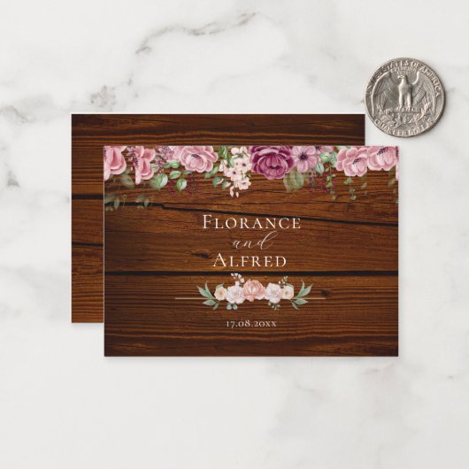 Rustieke houten bloemen elegante witte kastanjebru notitiekaartje (Voorkant / Achterkant in situ)