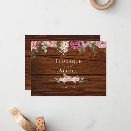 Rustieke houten bloemen elegante witte kastanjebru notitiekaartje (Voorkant / Achterkant in situ)