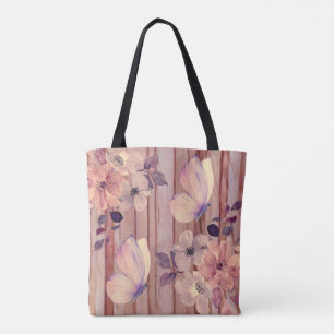 Rustieke houten bloemen en vlinders tote bag