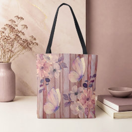 Rustieke houten bloemen en vlinders tote bag