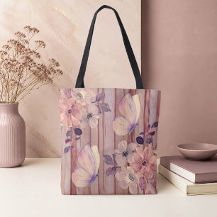 Rustieke houten bloemen en vlinders tote bag