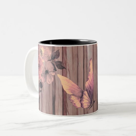 Rustieke houten bloemen en vlinders tweekleurige koffiemok (Voorkant links)