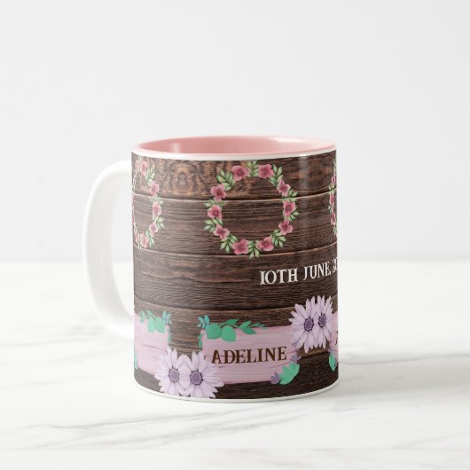 Rustieke houten bloemen Mok voor huwelijkscadeau (Voorkant links)