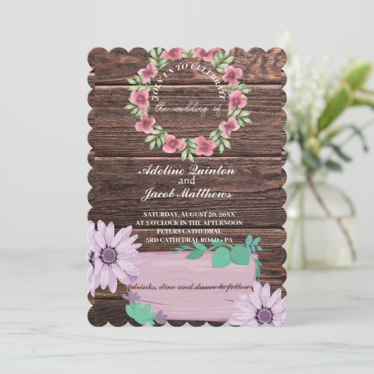 Rustieke houten bloemen Script en foto bruiloft Kaart (Staand voorkant)