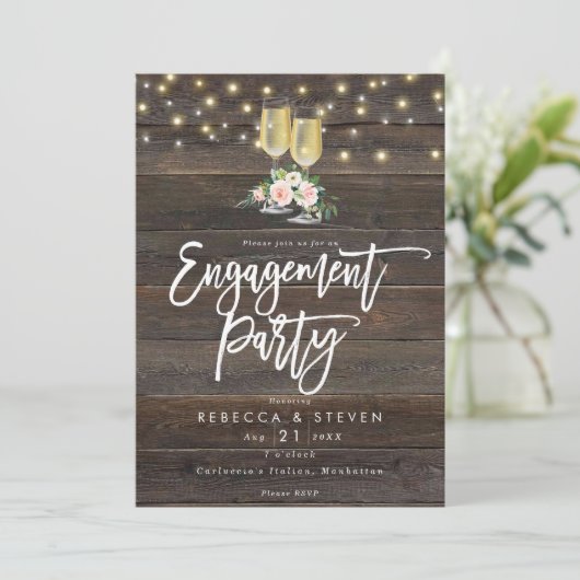 Rustieke houten bloemen verlovingsfeest uitnodigin kaart (Staand voorkant)