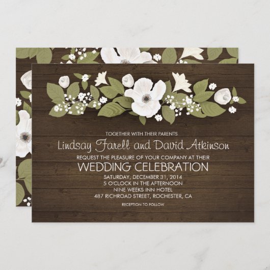 Rustieke houten bloemenbruiloft uitnodigingen (Voorkant / Achterkant)