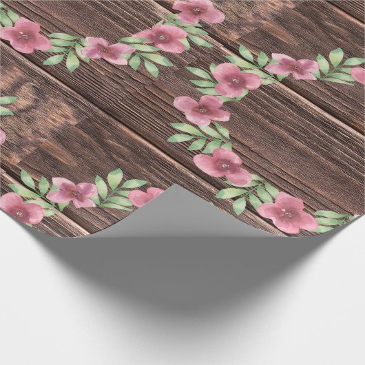 Rustieke houten bloemenbruiloftsgeschenk cadeaupapier (Hoek)