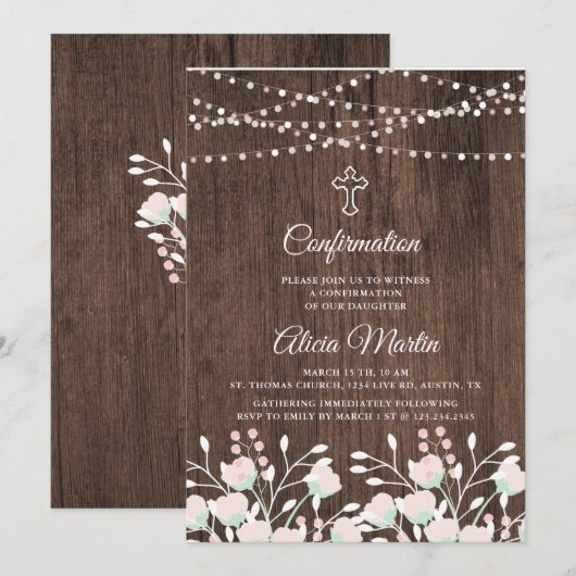 Rustieke houten bloemenkruis bevestiging uitnodigi kaart (Voorkant / Achterkant)