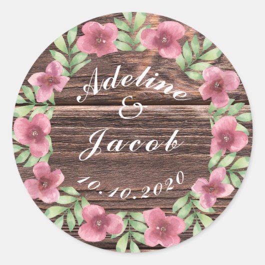 Rustieke houten bloemenscript bruiloft stickers (Voorkant)