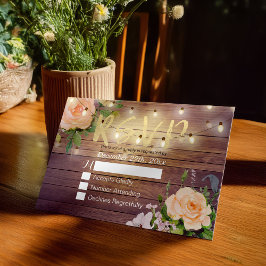 Rustieke houten bloemenslinger licht huwelijksreac RSVP kaartje