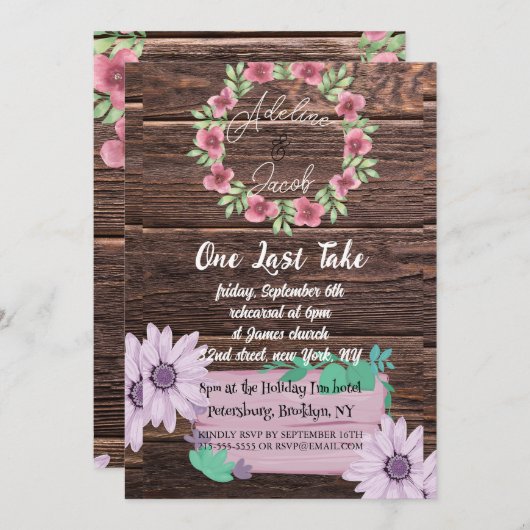 Rustieke Houten bloemige Trouw Rehearsal Diner kaa Kaart (Voorkant / Achterkant)