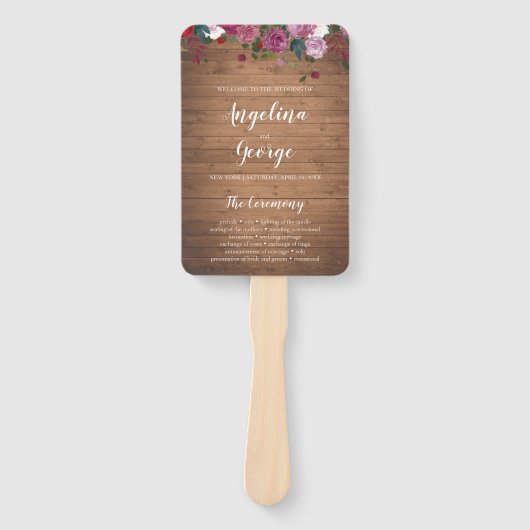 Rustieke houten bloemige trouwprogramma waaier (Voorkant)