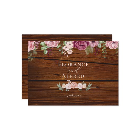 Rustieke houten bloemrijke elegante witte marmeren save the date (Voorkant / Achterkant in situ)