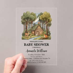 Rustieke Houten Blokhut Bosdieren Baby Shower Acryl Uitnodigingen