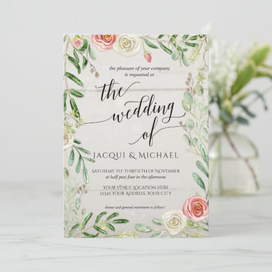 Rustieke houten blozen en ivoor Rozen bloemenbruil Kaart (Staand voorkant)