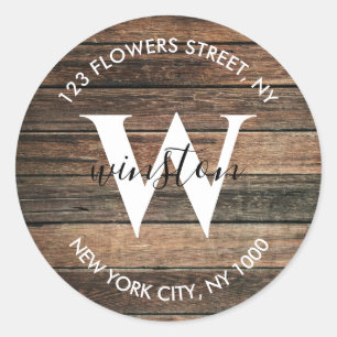 Rustieke Houten Boho Initiaal Retouradres Ronde Sticker