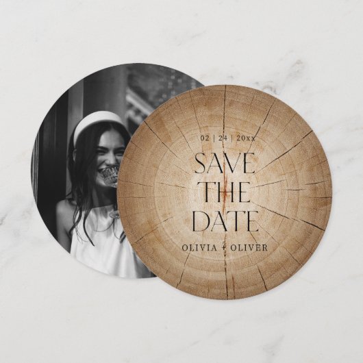 Rustieke houten boom stomp schuur bruiloft opslaan kaart (Voorkant / Achterkant)