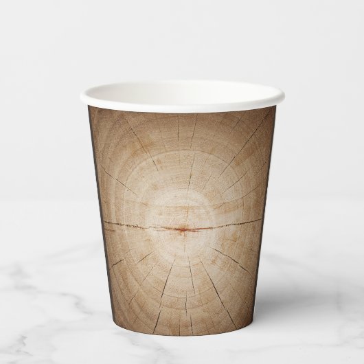 Rustieke houten boom stump schuur bruiloft papieren bekers (Achterkant)