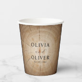 Rustieke houten boom stump schuur bruiloft papieren bekers (Voorkant)