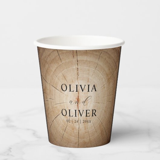 Rustieke houten boom stump schuur bruiloft papieren bekers (Voorkant)