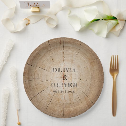 Rustieke houten boom stump schuur bruiloft papieren bordje (Huwelijk)