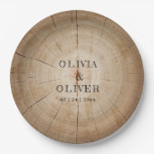 Rustieke houten boom stump schuur bruiloft papieren bordje (Voorkant)