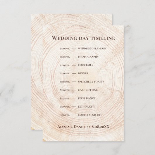 Rustieke Houten boomplak Bruiloft dag Tijdlijn Informatiekaartje (Voorkant / Achterkant)