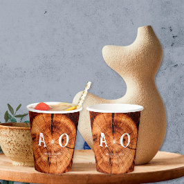 Rustieke Houten Boomplak Monogram Bruiloft Papieren Bekers