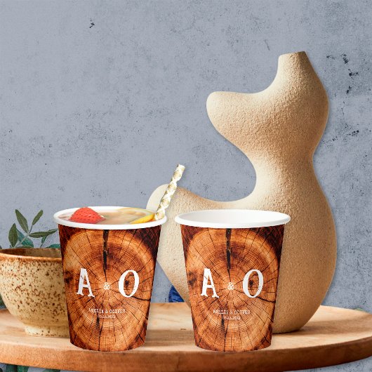 Rustieke  Houten Boomplak Monogram Bruiloft Papieren Bekers