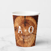 Rustieke  Houten Boomplak Monogram Bruiloft Papieren Bekers (Achterkant)