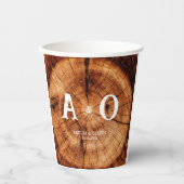 Rustieke  Houten Boomplak Monogram Bruiloft Papieren Bekers (Voorkant)