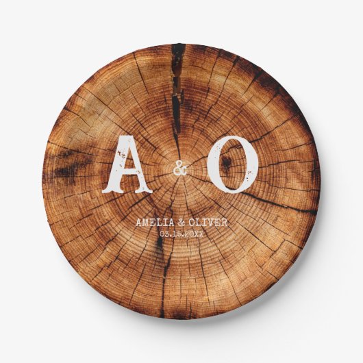 Rustieke Houten Boomplak Monogram Bruiloft Papieren Bordje (Voorkant)