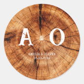 Rustieke Houten Boomplak Monogram Bruiloft Ronde Sticker (Voorkant)