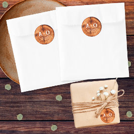 Rustieke Houten Boomplak Monogram Bruiloft Ronde Sticker