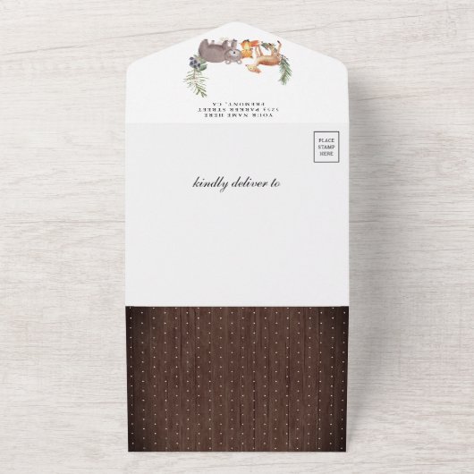 Rustieke houten bosdieren bos baby shower all in one uitnodiging (Buitenkant)