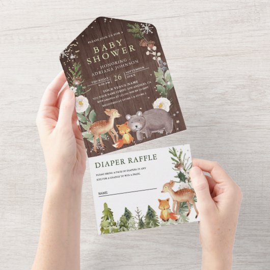 Rustieke houten bosdieren bos baby shower all in one uitnodiging (Afscheurbaar)