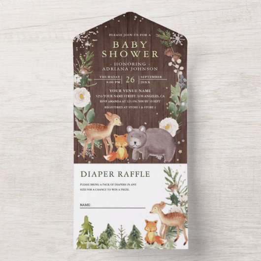 Rustieke houten bosdieren bos baby shower all in one uitnodiging (Binnen)