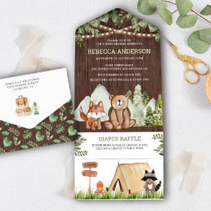 Rustieke houten bosdieren kamperen babyshower all in one uitnodiging