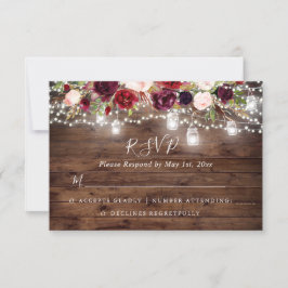Rustieke Houten Bourgogne Bloem Lichtjes Bruiloft RSVP Kaartje
