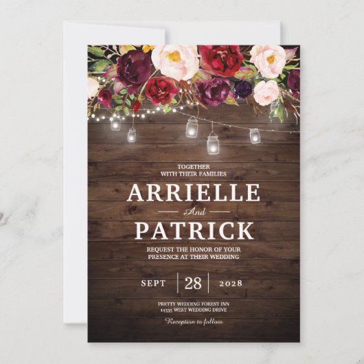 Rustieke Houten Bourgondiërode Bloem Lichtjes Kaart (Voorkant)