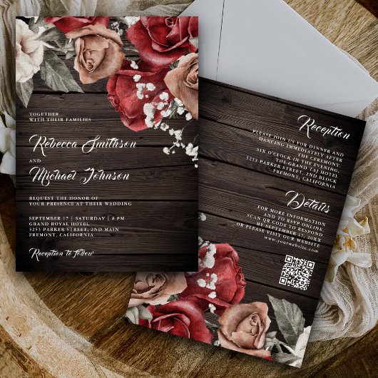 Rustieke Houten Bourgondische Rozen QR Code Trouwe Kaart
