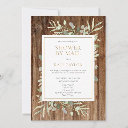 Rustieke Houten Bruidsfeest Per Post Groene Blad Kaart (Voorkant)