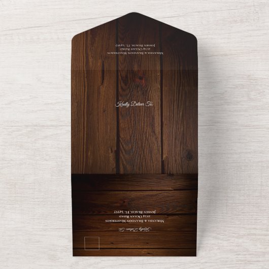 Rustieke houten bruiloft alles in één huwelijksuit all in one uitnodiging (Buitenkant)