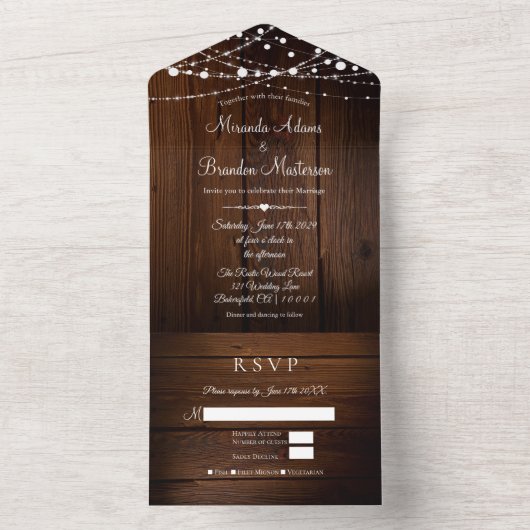 Rustieke houten bruiloft alles in één huwelijksuit all in one uitnodiging (Binnen)