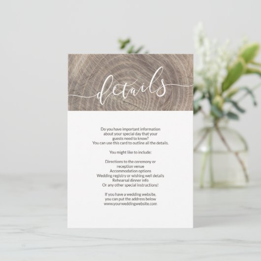 Rustieke houten bruiloft details kaart (Staand voorkant)