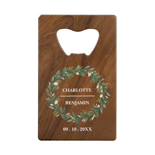 Rustieke houten bruiloft gunst creditkaart flessenopener (Voorkant)