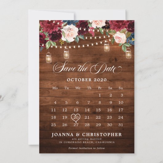Rustieke Houten Burgundy Bloemstuk Mason Jar Kalen Save The Date (Voorkant)